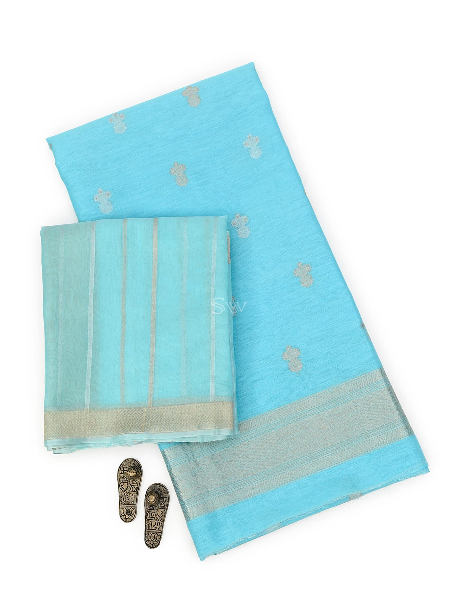 Sky Blue Booti Linen Handloom Banarasi Suit - Sacred Weaves
