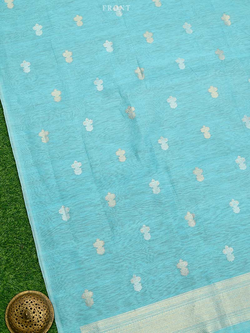 Sky Blue Booti Linen Handloom Banarasi Suit - Sacred Weaves