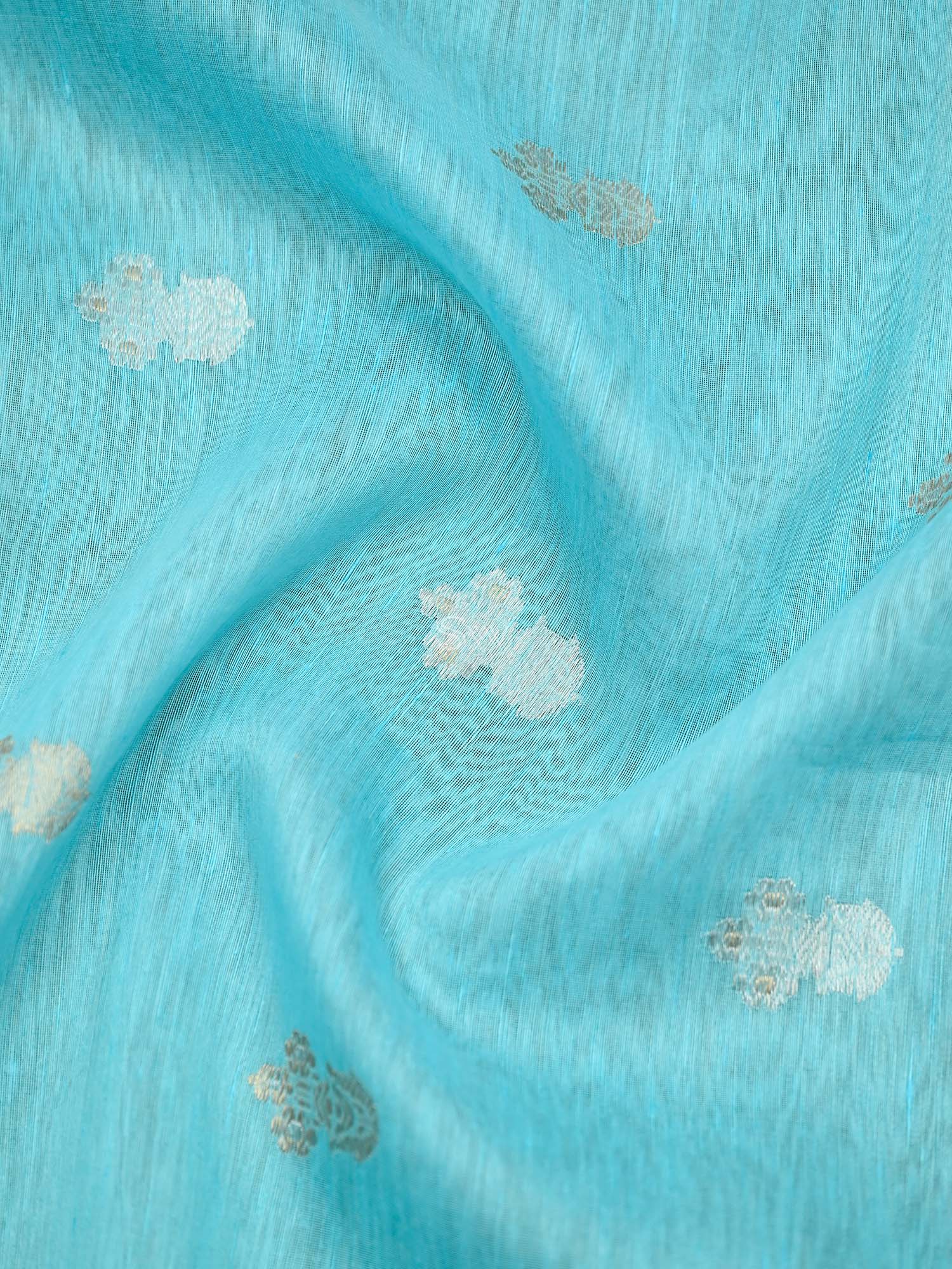 Sky Blue Booti Linen Handloom Banarasi Suit - Sacred Weaves