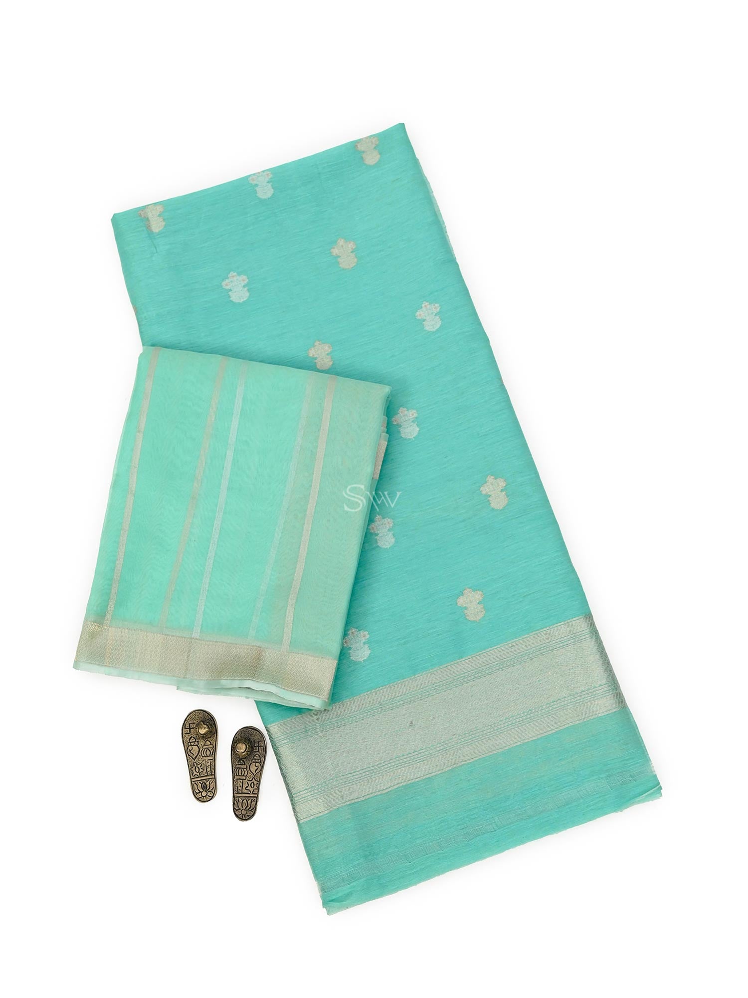 Sea Green Booti Linen Handloom Banarasi Suit - Sacred Weaves