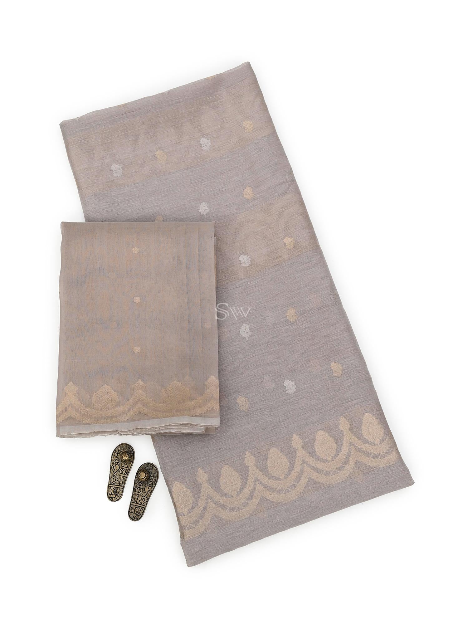 Light Grey Booti Linen Handloom Banarasi Suit - Sacred Weaves