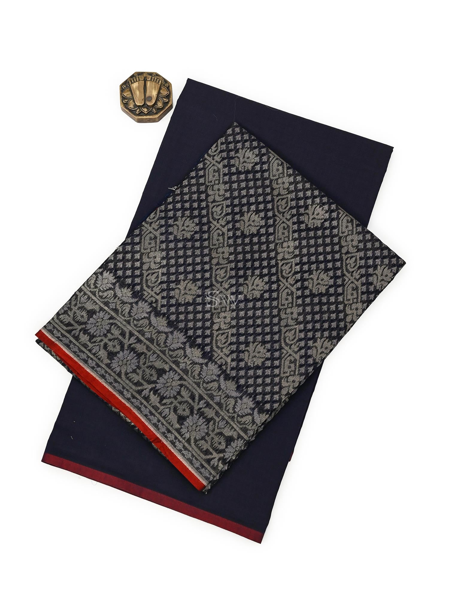 Midnight Blue Plain Cotton Silk Handloom Banarasi Suit - Sacred Weaves