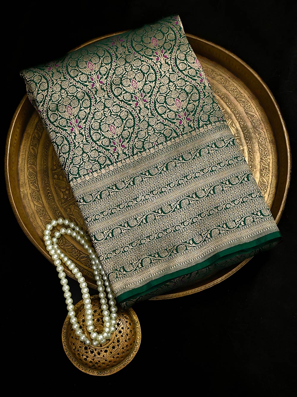 Bottle Green Meenakari Silk Brocade Handloom Banarasi Saree - Sacred Weaves