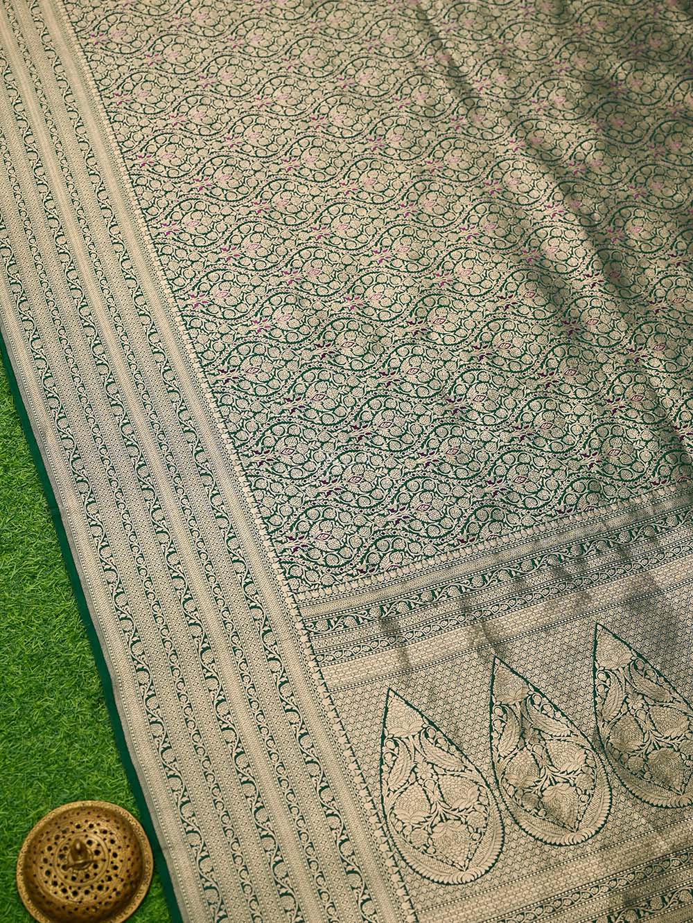 Bottle Green Meenakari Silk Brocade Handloom Banarasi Saree - Sacred Weaves