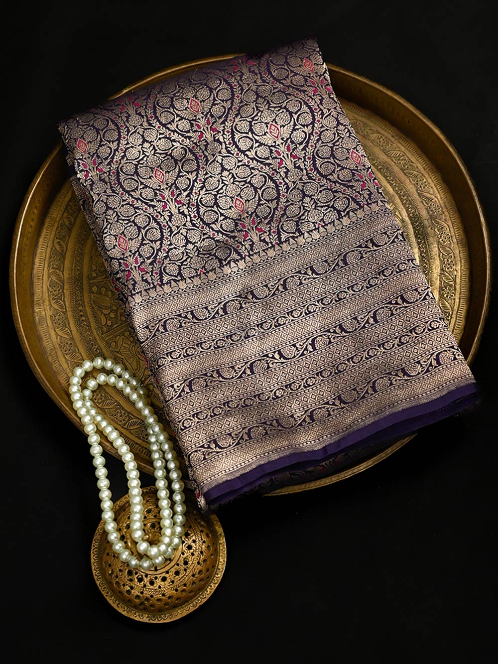 Navy Blue Meenakari Silk Brocade Handloom Banarasi Saree - Sacred Weaves