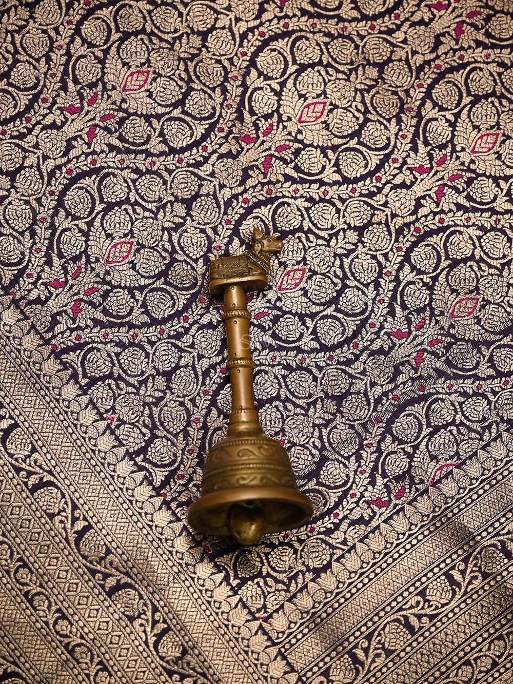 Navy Blue Meenakari Silk Brocade Handloom Banarasi Saree - Sacred Weaves