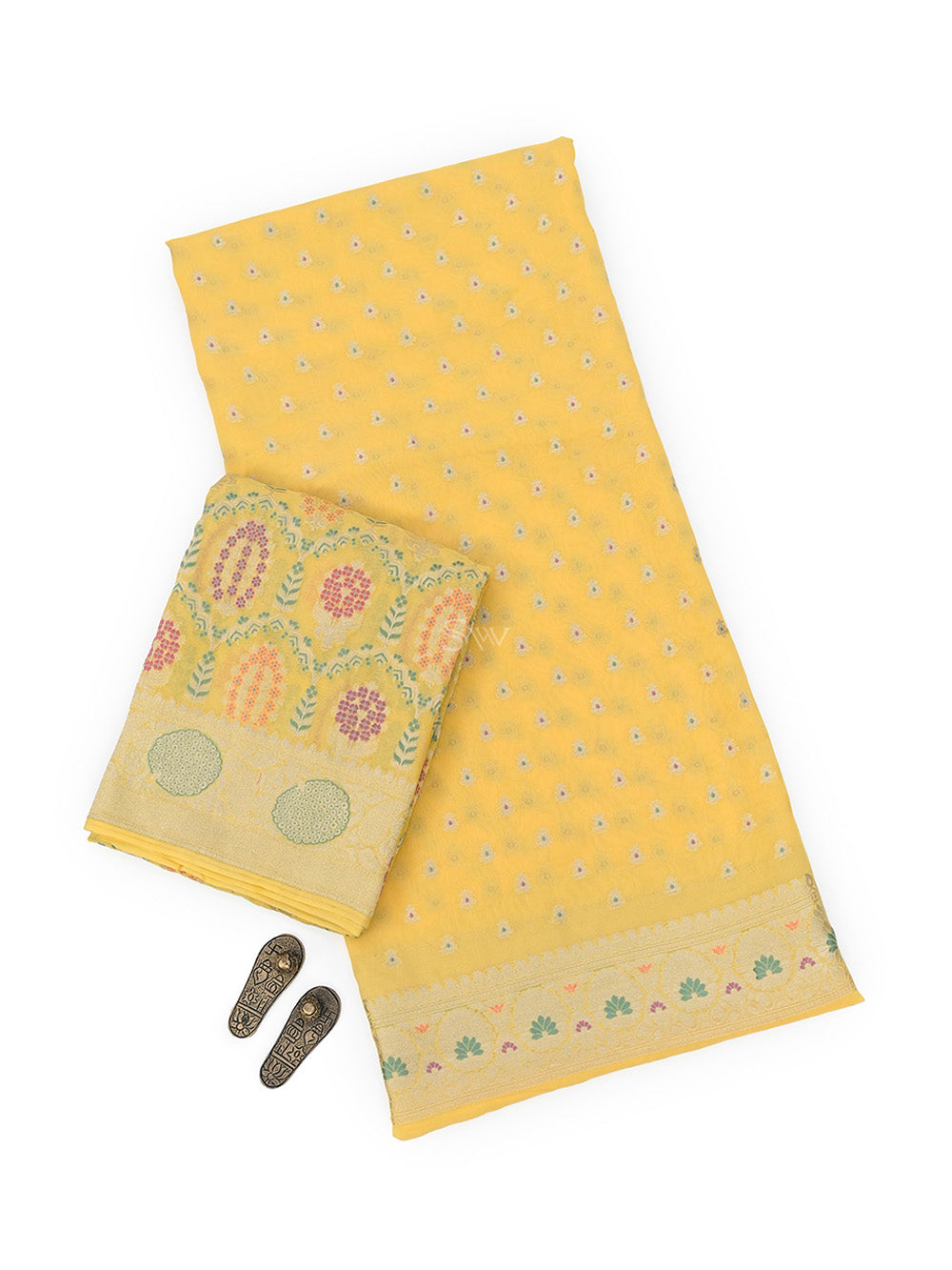 Yellow Meenakari Khaddi Georgette Handloom Banarasi Suit - Sacred Weaves