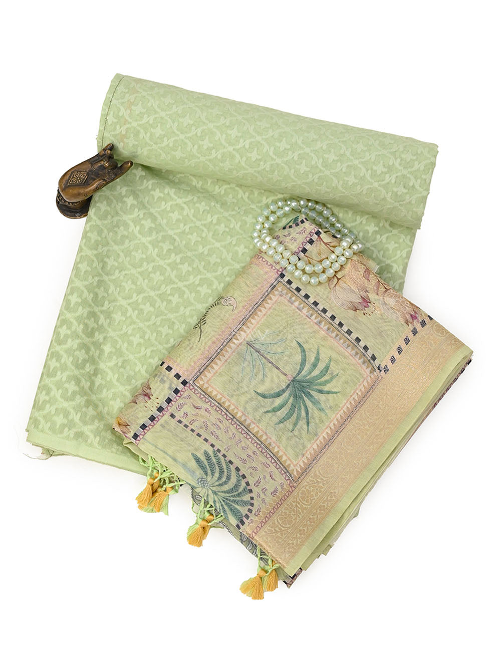 Pastel Green Jaal Cotton Silk Handloom Banarasi Suit - Sacred Weaves