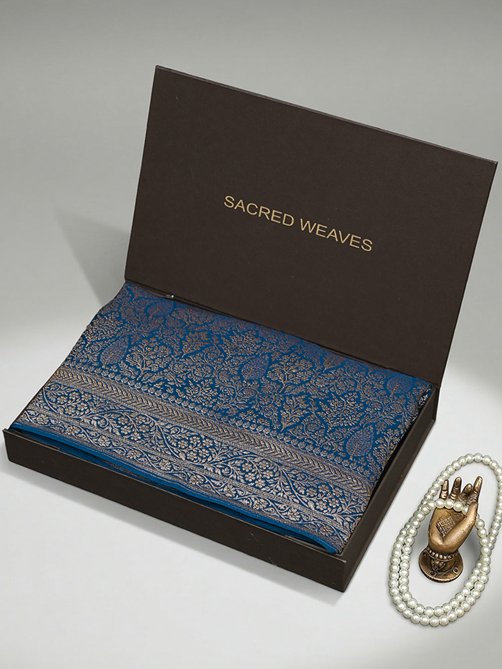 Midnight Blue Jaal Crepe Silk Handloom Banarasi Saree - Sacred Weaves