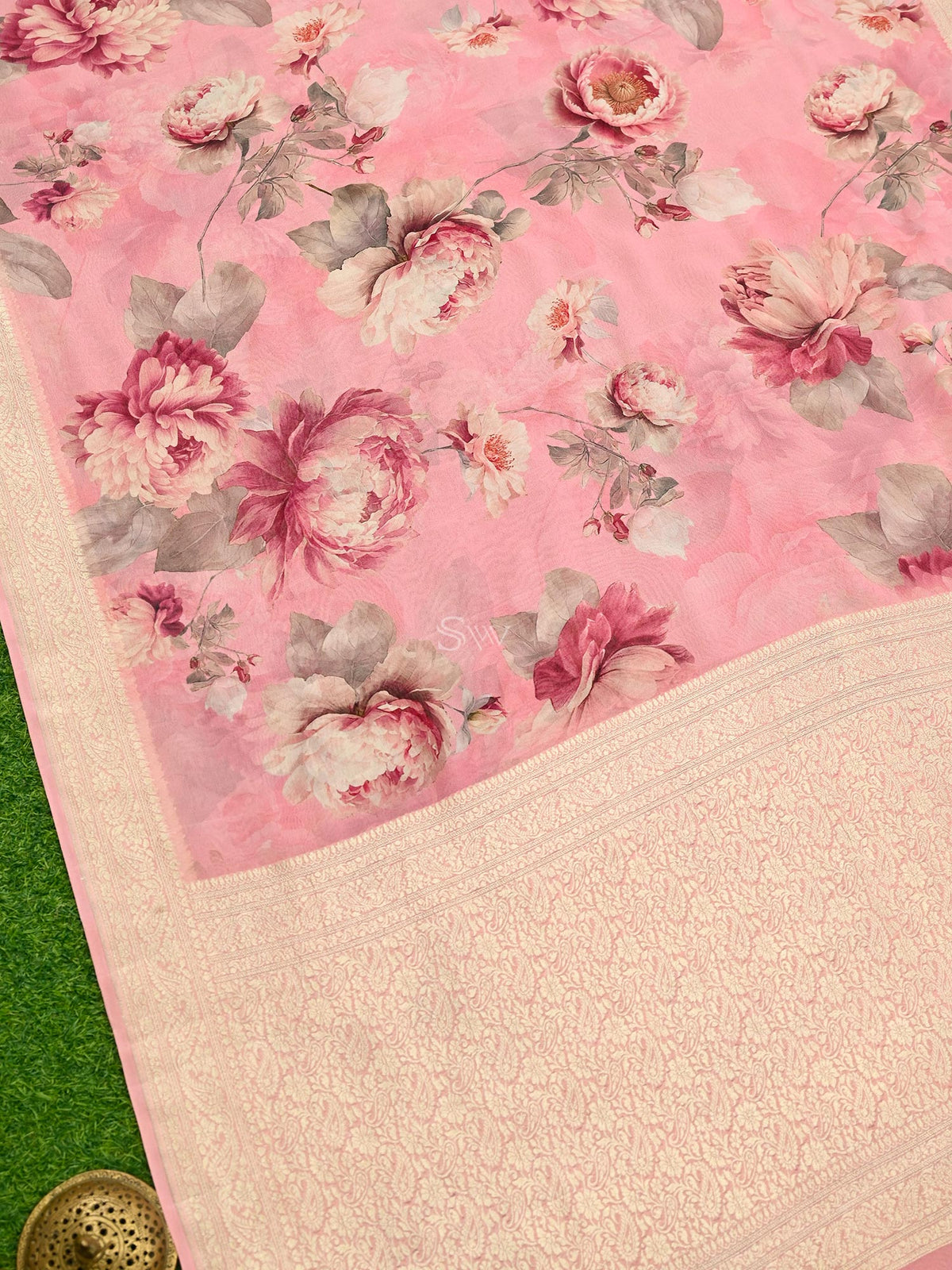 Pink Georgette Printed Banarasi Saree - Sacred Weaves