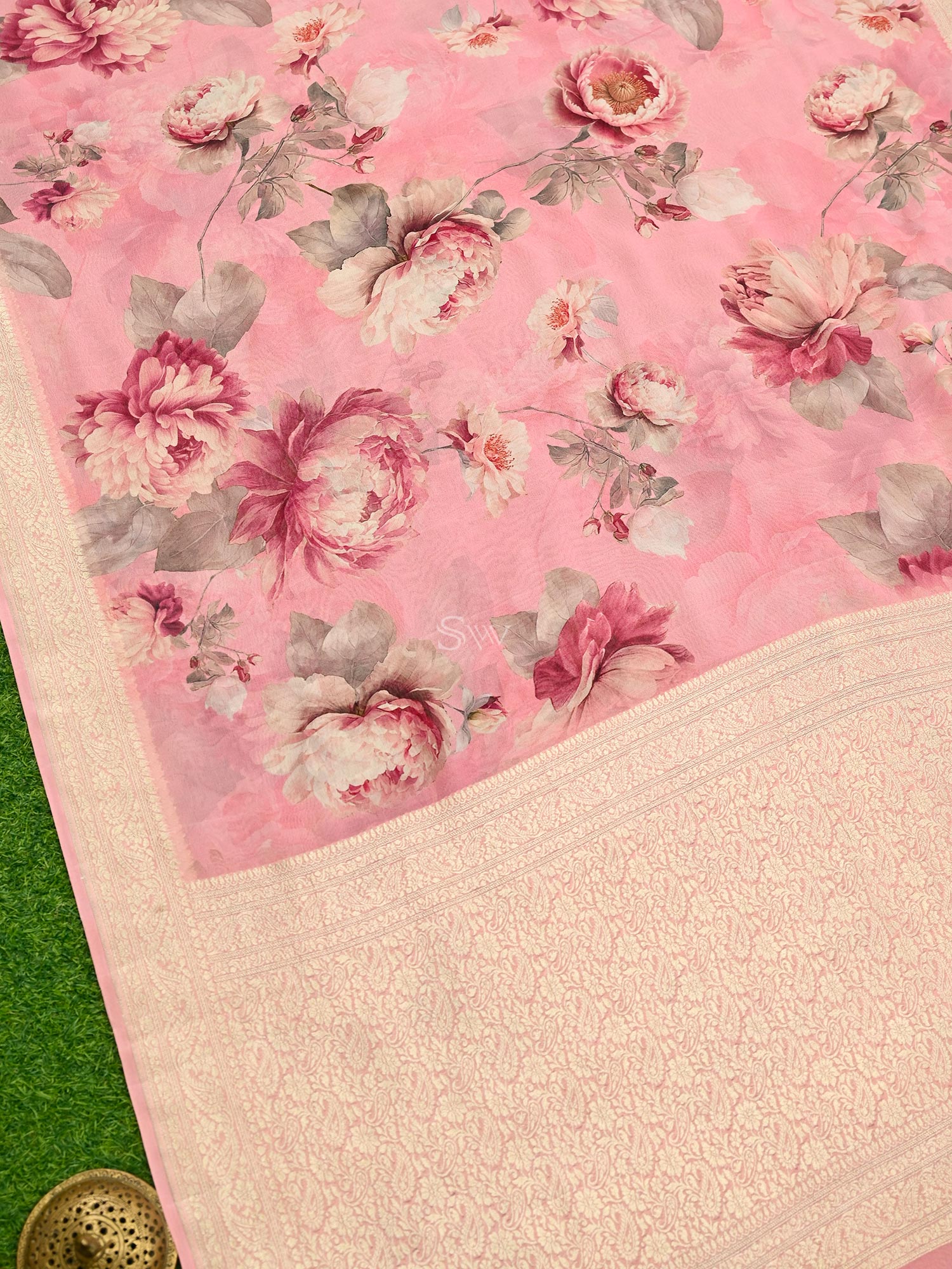 Pink Georgette Printed Banarasi Saree - Sacred Weaves