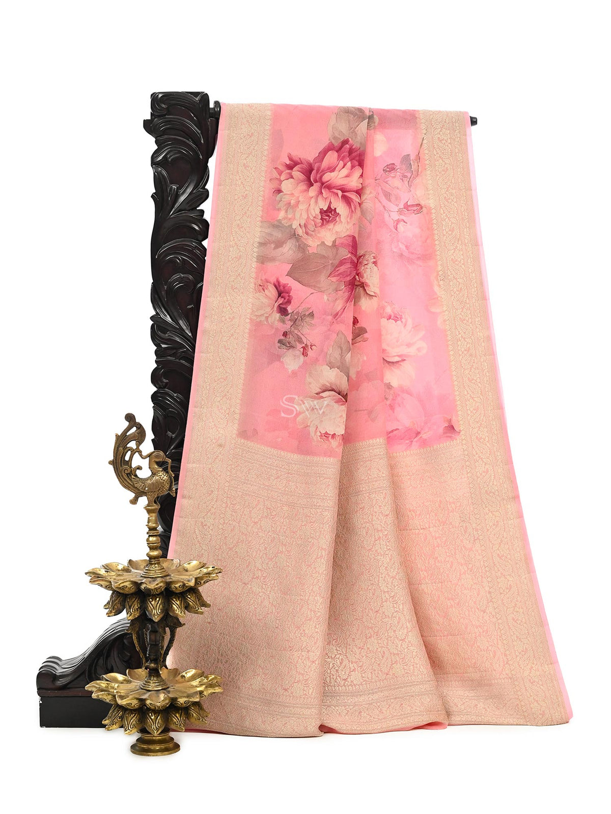 Pink Georgette Printed Banarasi Saree - Sacred Weaves