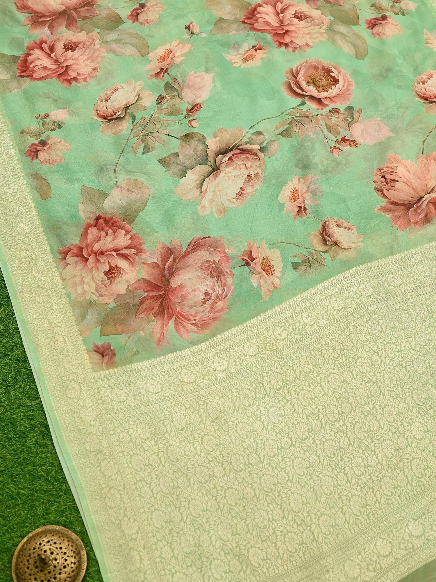 Green Georgette Printed Banarasi Saree - Sacred Weaves