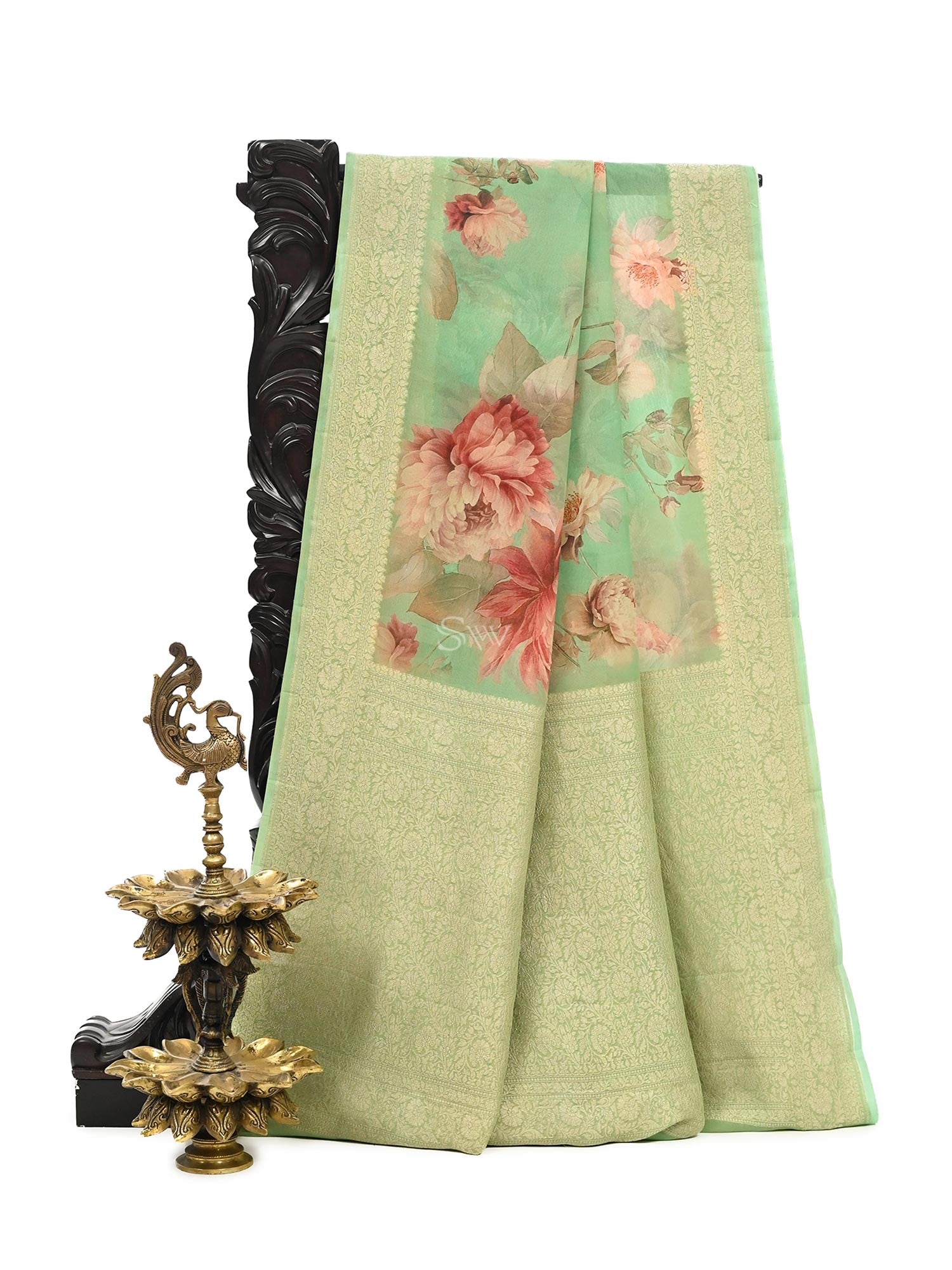 Green Georgette Printed Banarasi Saree - Sacred Weaves