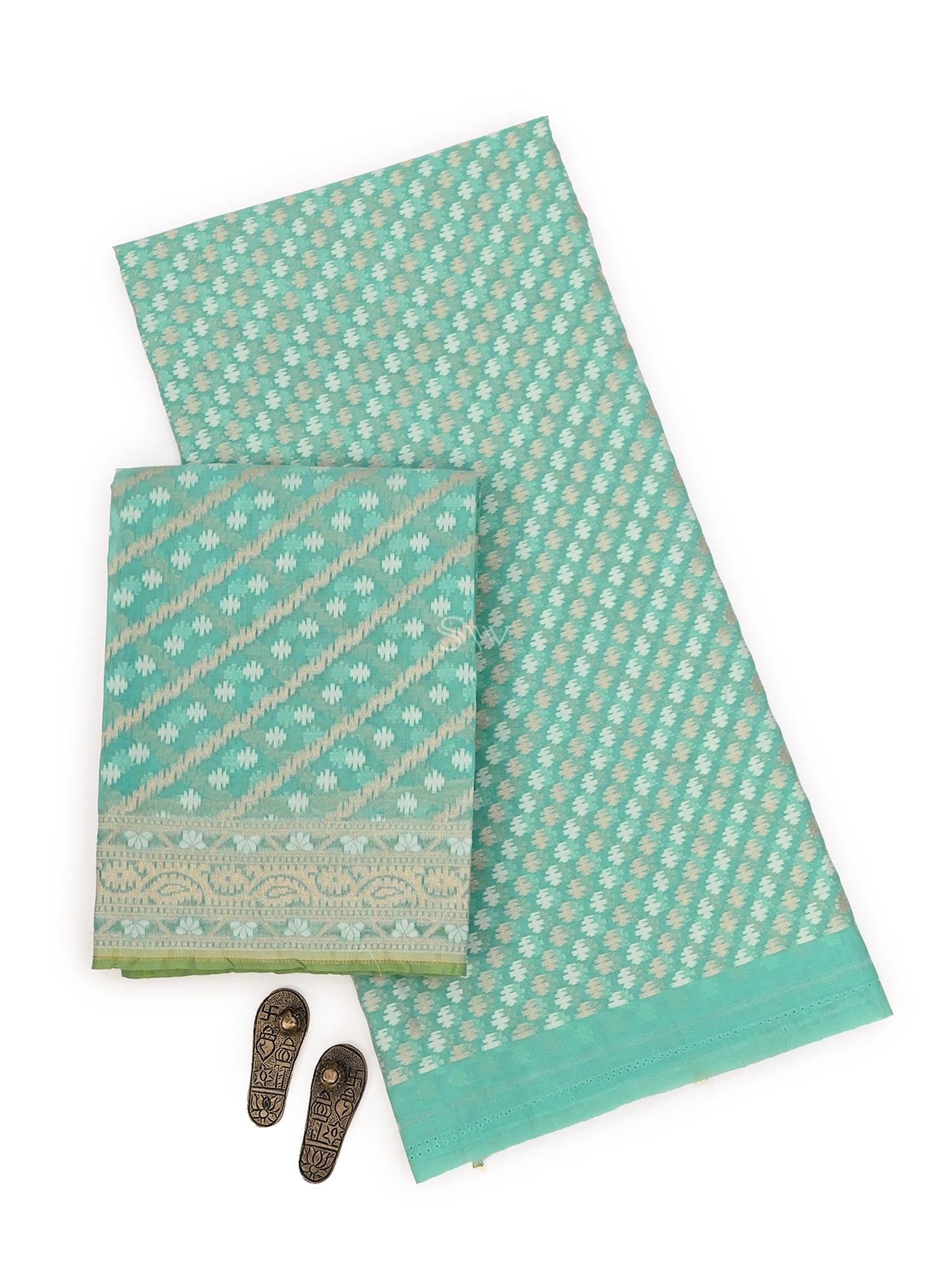 Sea Green Cotton Silk Handloom Banarasi Suit - Sacred Weaves