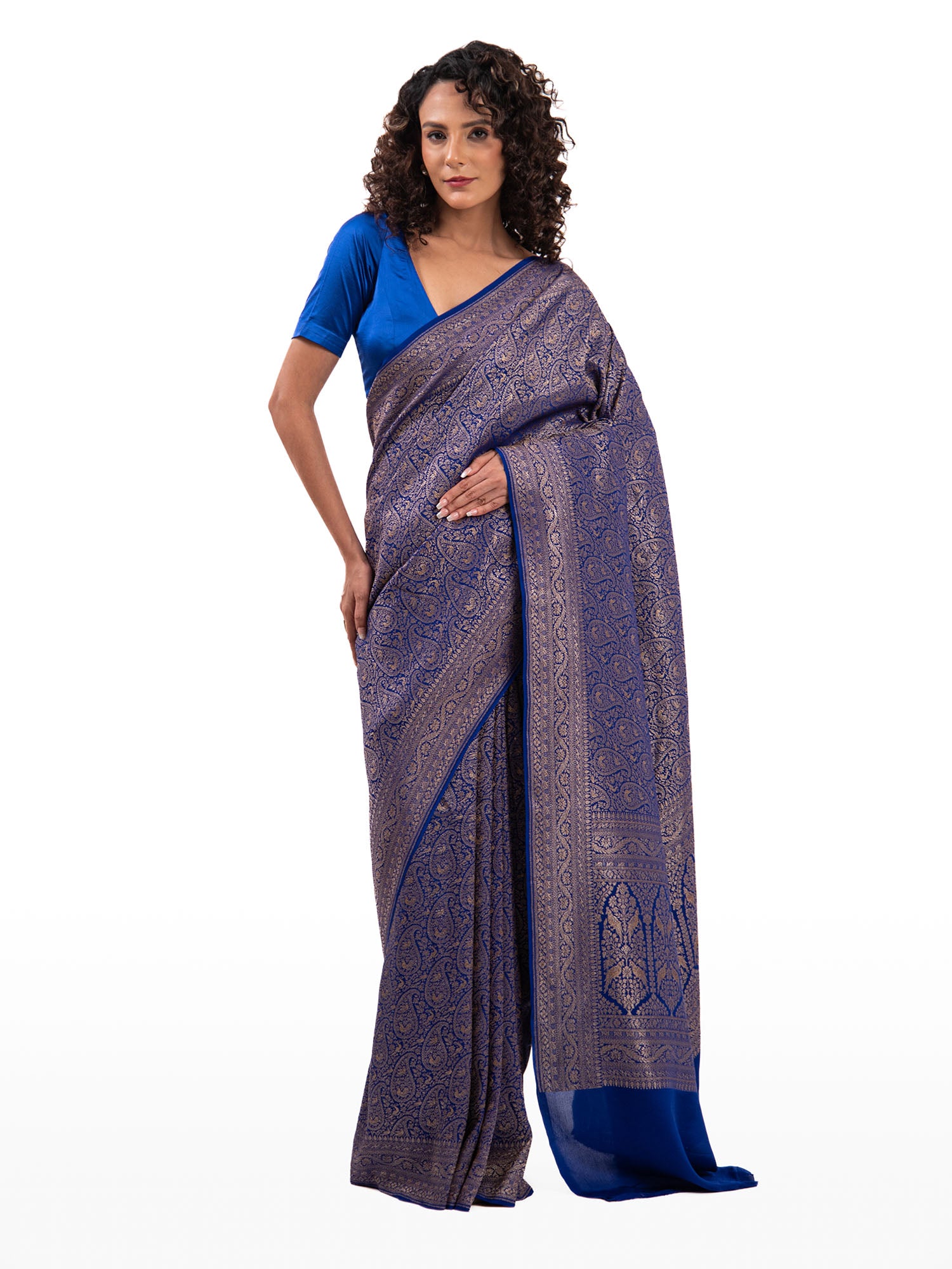 Dark Blue Jaal Crepe Silk Handloom Banarasi Saree - Sacred Weaves