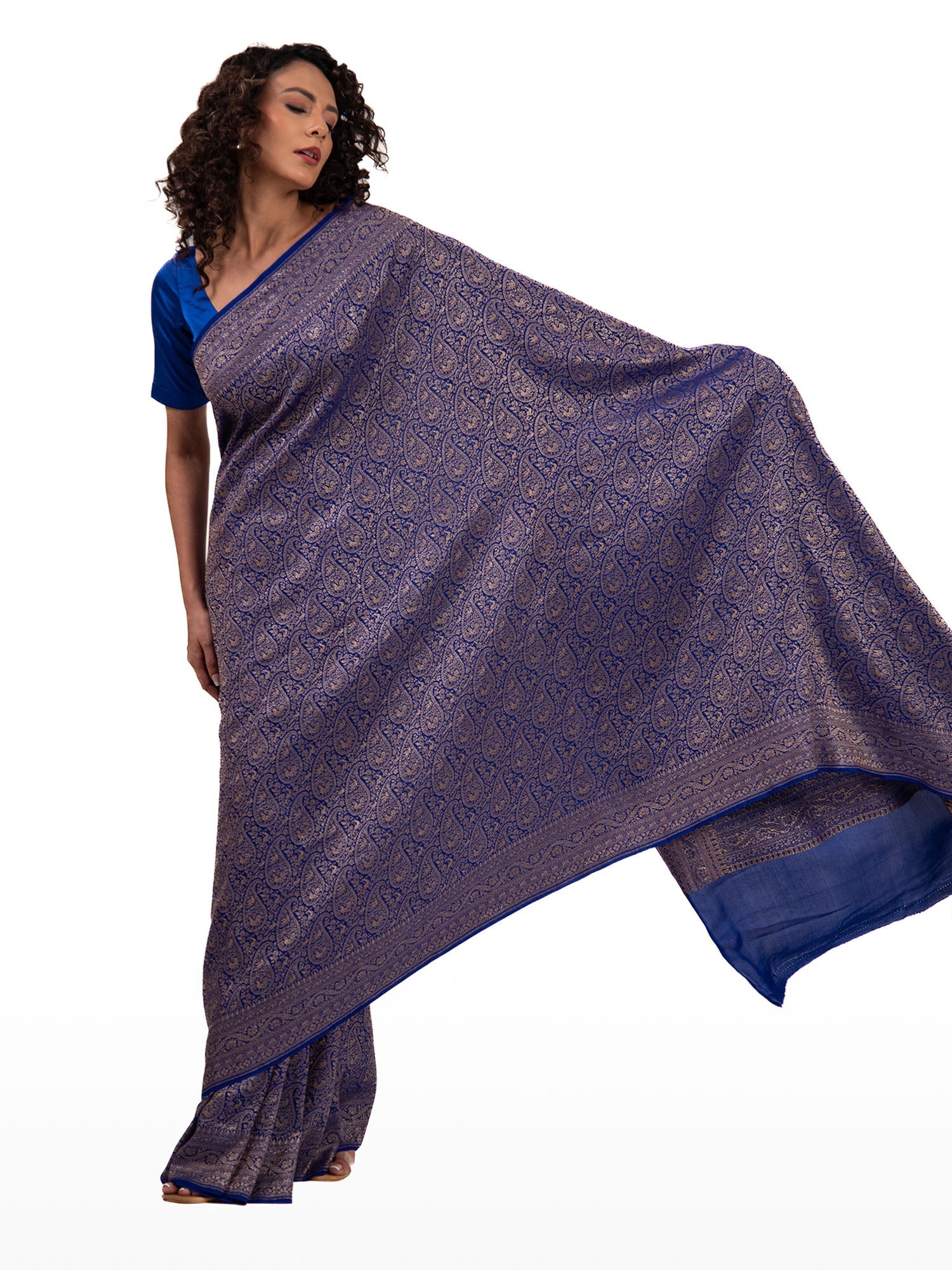 Dark Blue Jaal Crepe Silk Handloom Banarasi Saree - Sacred Weaves