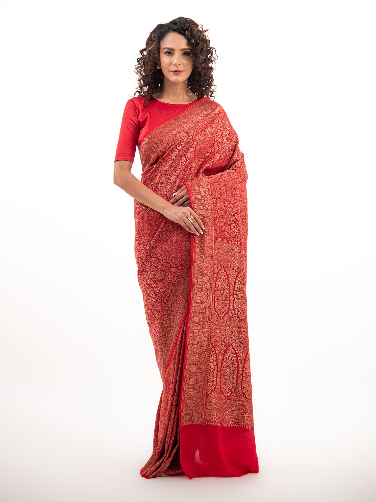 Red Jaal Crepe Silk Handloom Banarasi Saree - Sacred Weaves