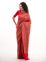 Red Jaal Crepe Silk Handloom Banarasi Saree - Sacred Weaves