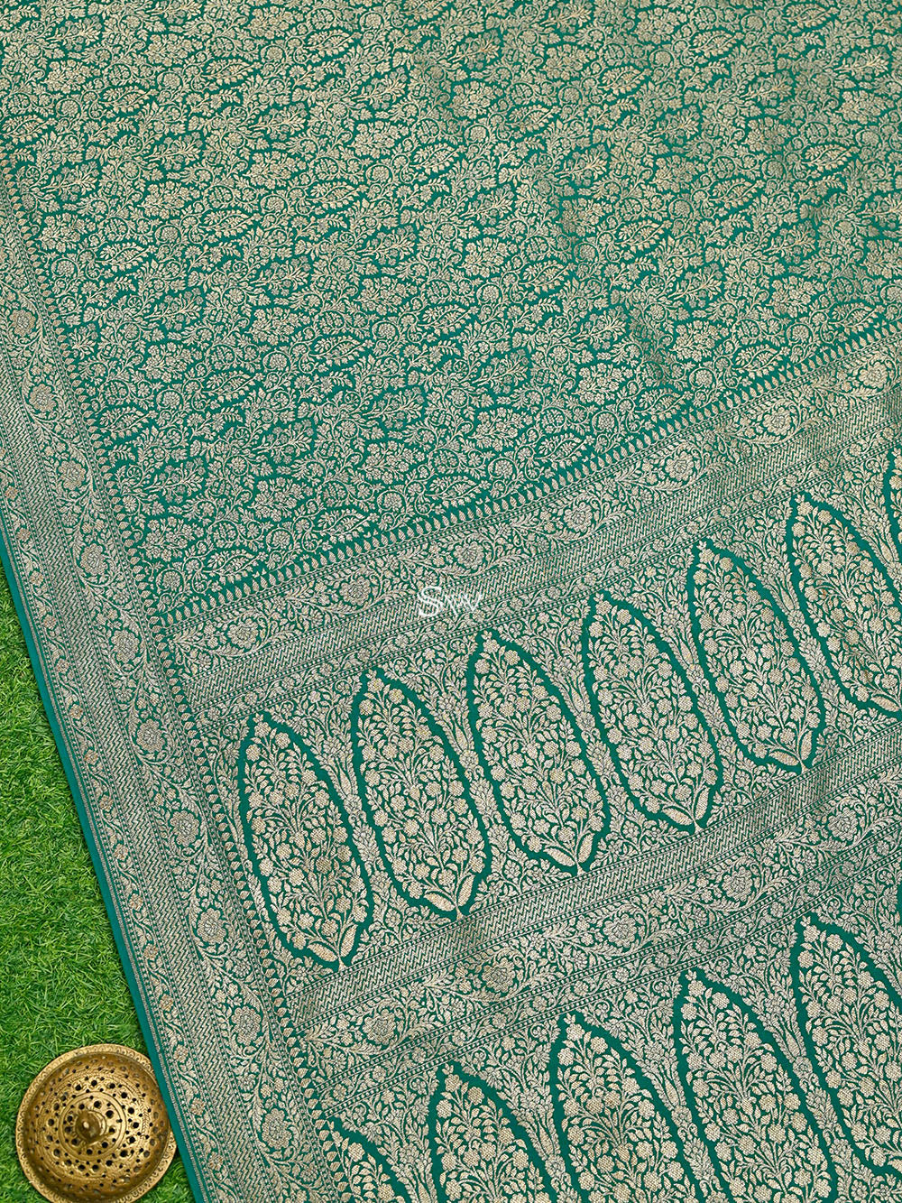 Teal Jaal Crepe Silk Handloom Banarasi Saree - Sacred Weaves