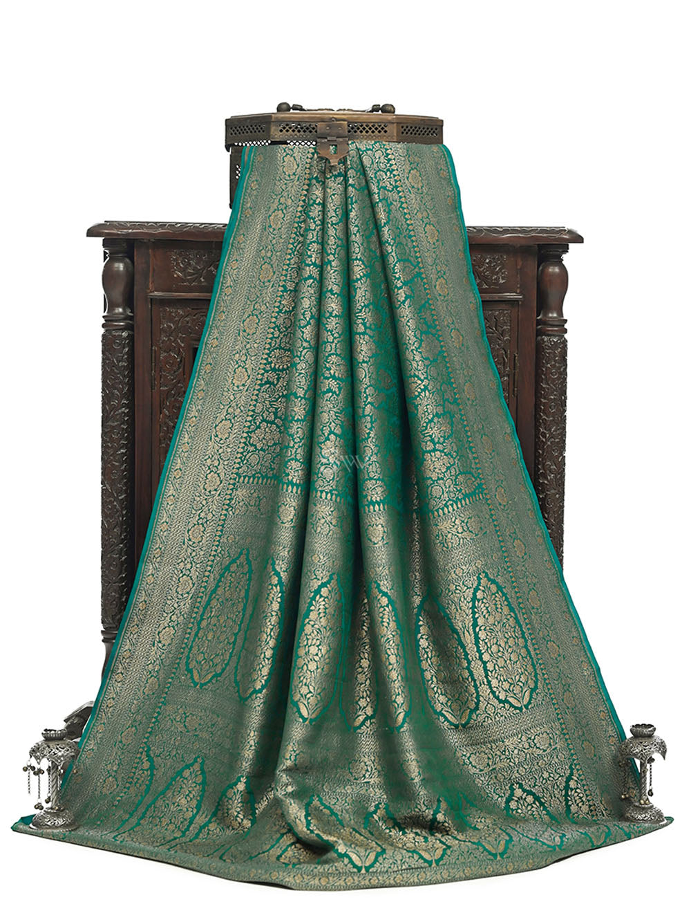 Teal Jaal Crepe Silk Handloom Banarasi Saree - Sacred Weaves