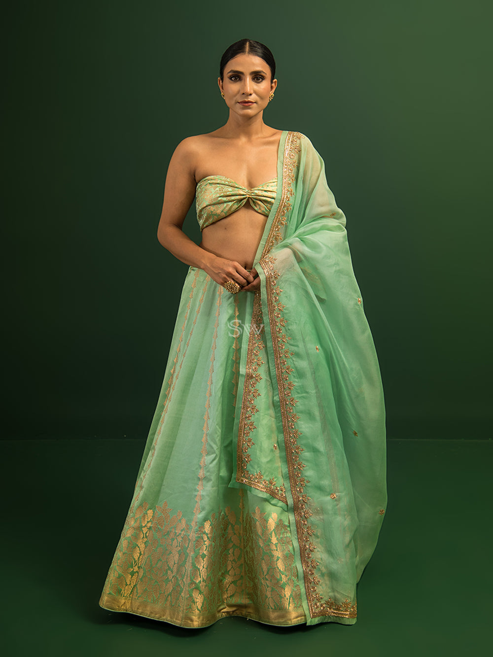 Sea Green Satin Silk Handloom Banarasi Lehenga - Sacred Weaves