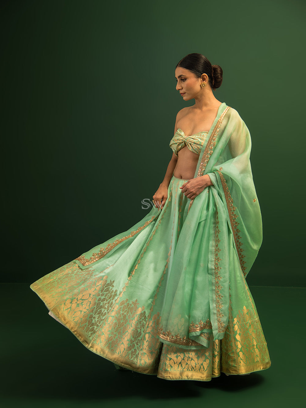 Sea Green Satin Silk Handloom Banarasi Lehenga - Sacred Weaves