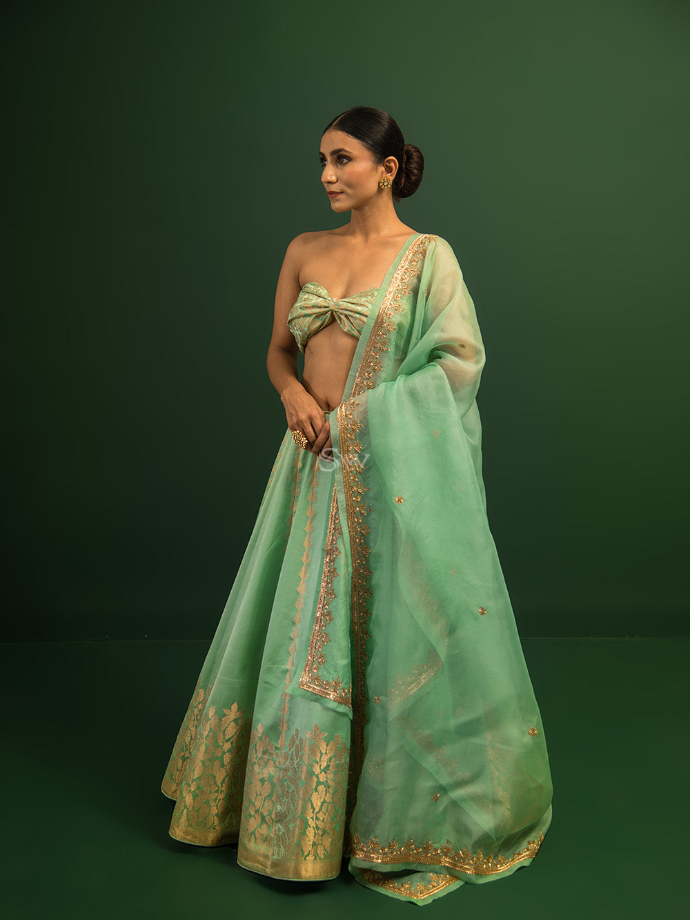 Sea Green Satin Silk Handloom Banarasi Lehenga - Sacred Weaves