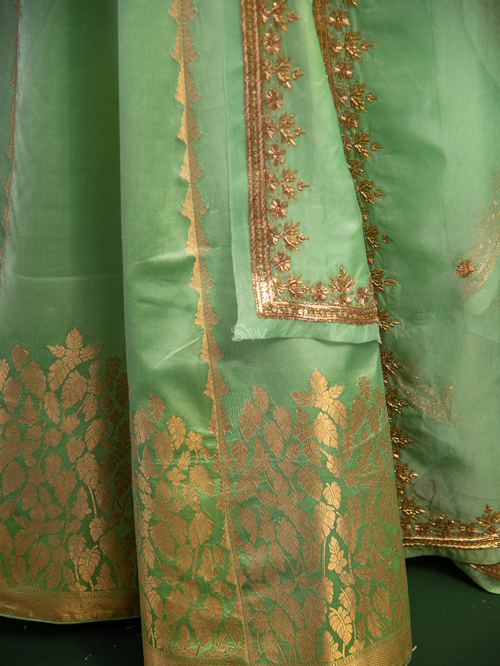 Sea Green Satin Silk Handloom Banarasi Lehenga - Sacred Weaves
