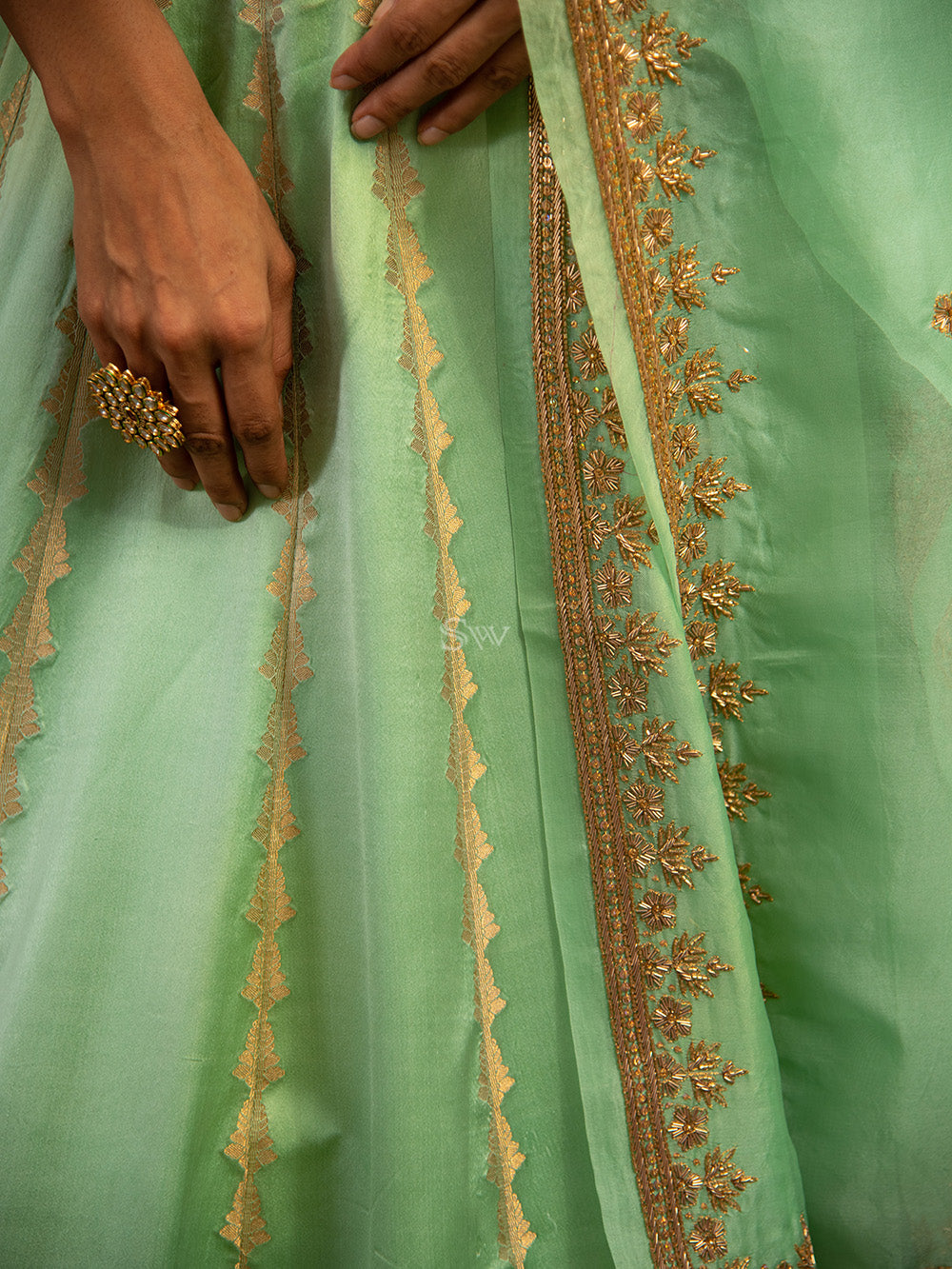 Sea Green Satin Silk Handloom Banarasi Lehenga - Sacred Weaves