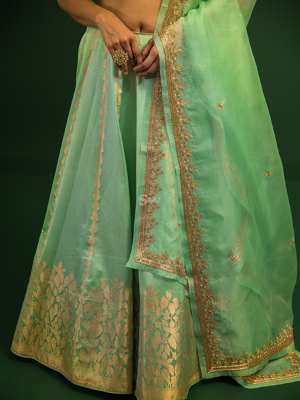 Sea Green Satin Silk Handloom Banarasi Lehenga - Sacred Weaves