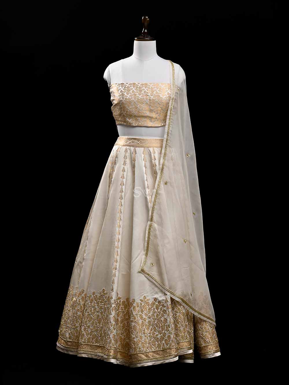 Off White Embroidery Satin Silk Handloom Banarasi Lehenga - Sacred Weaves