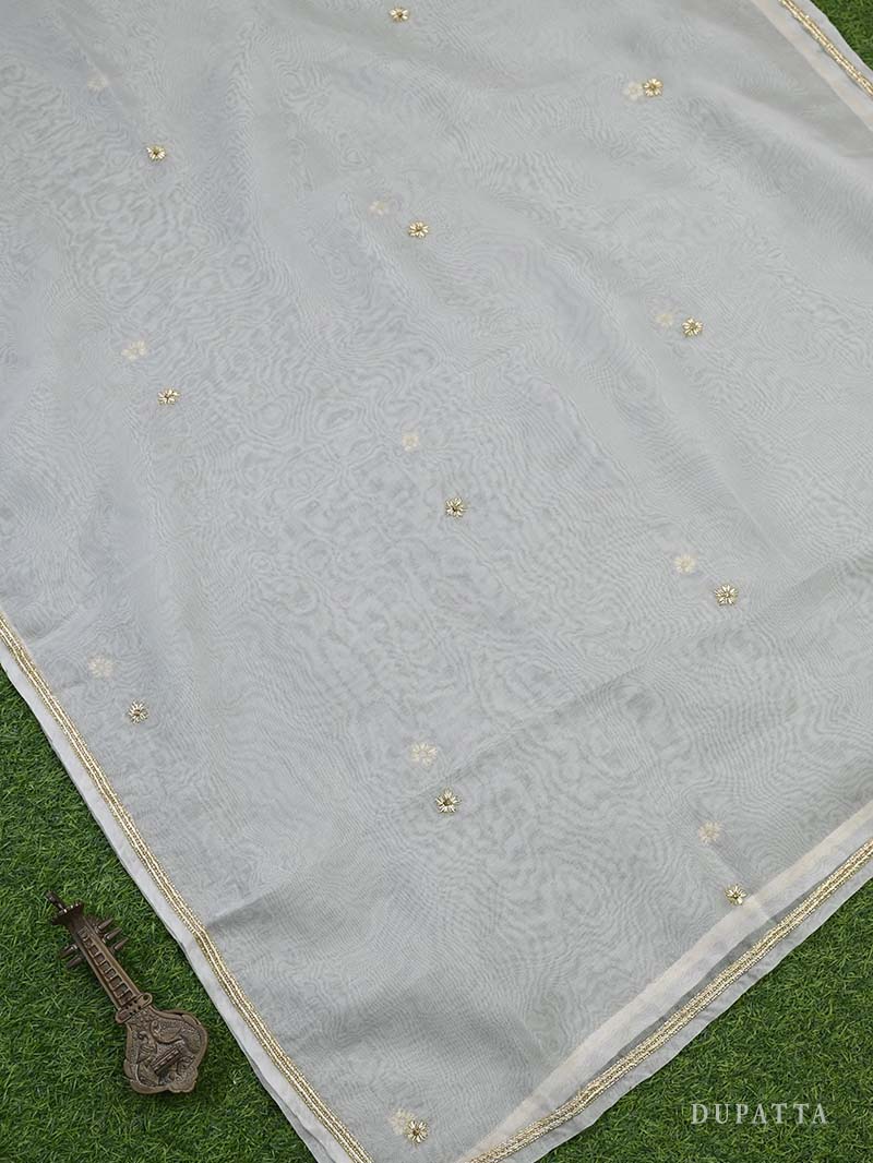 Off White Embroidery Satin Silk Handloom Banarasi Lehenga - Sacred Weaves