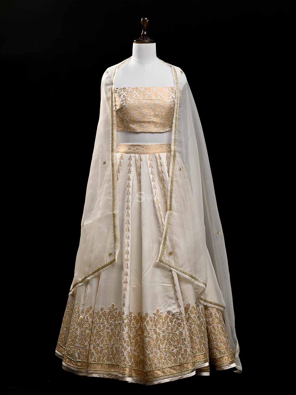 Off White Embroidery Satin Silk Handloom Banarasi Lehenga - Sacred Weaves