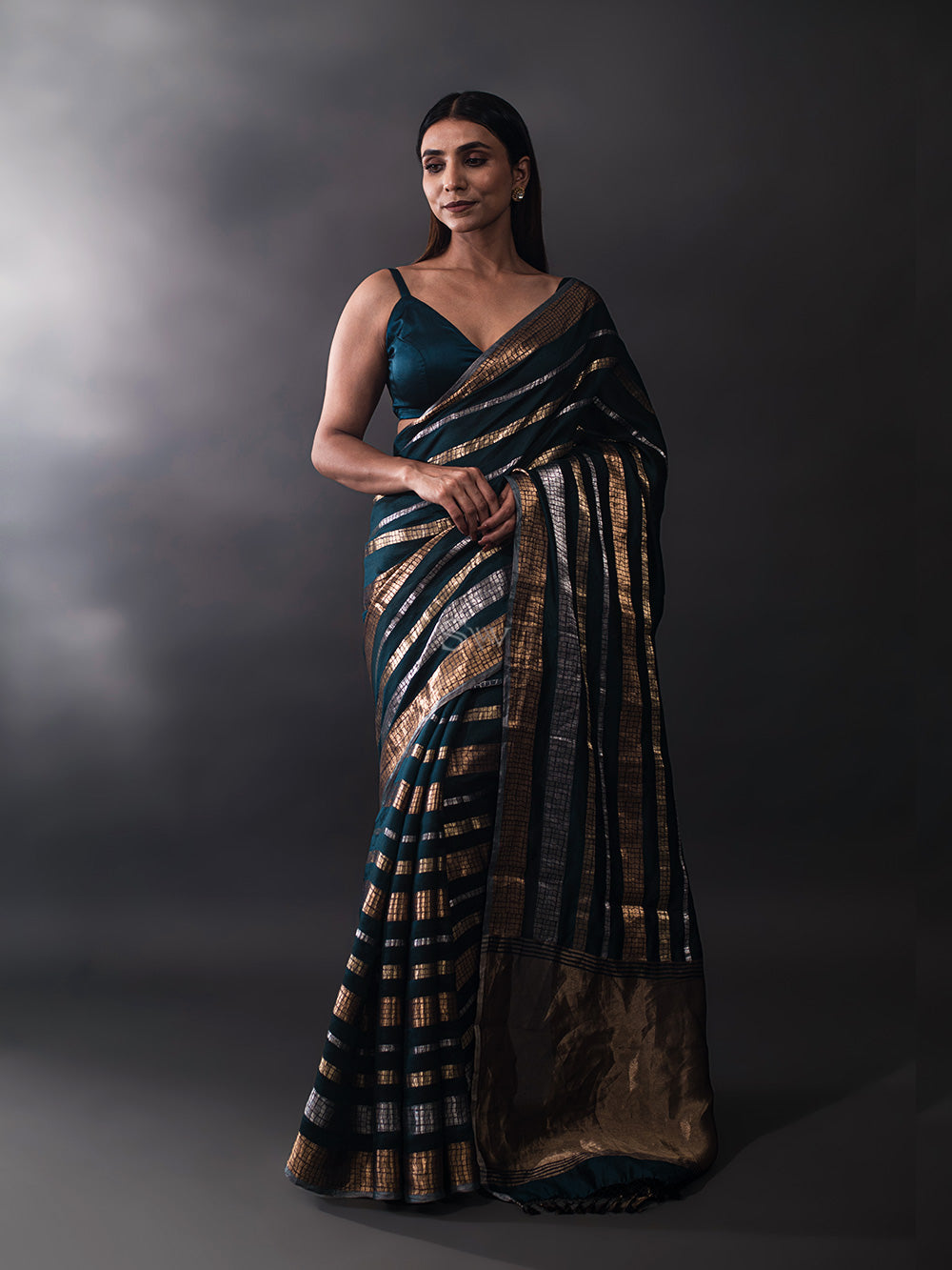Midnight Blue Stripe Katan Silk Handloom Banarasi Saree - Sacred Weaves