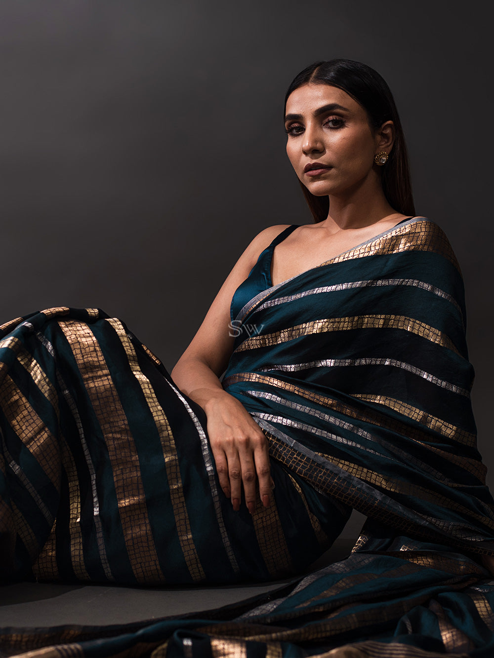 Midnight Blue Stripe Katan Silk Handloom Banarasi Saree - Sacred Weaves