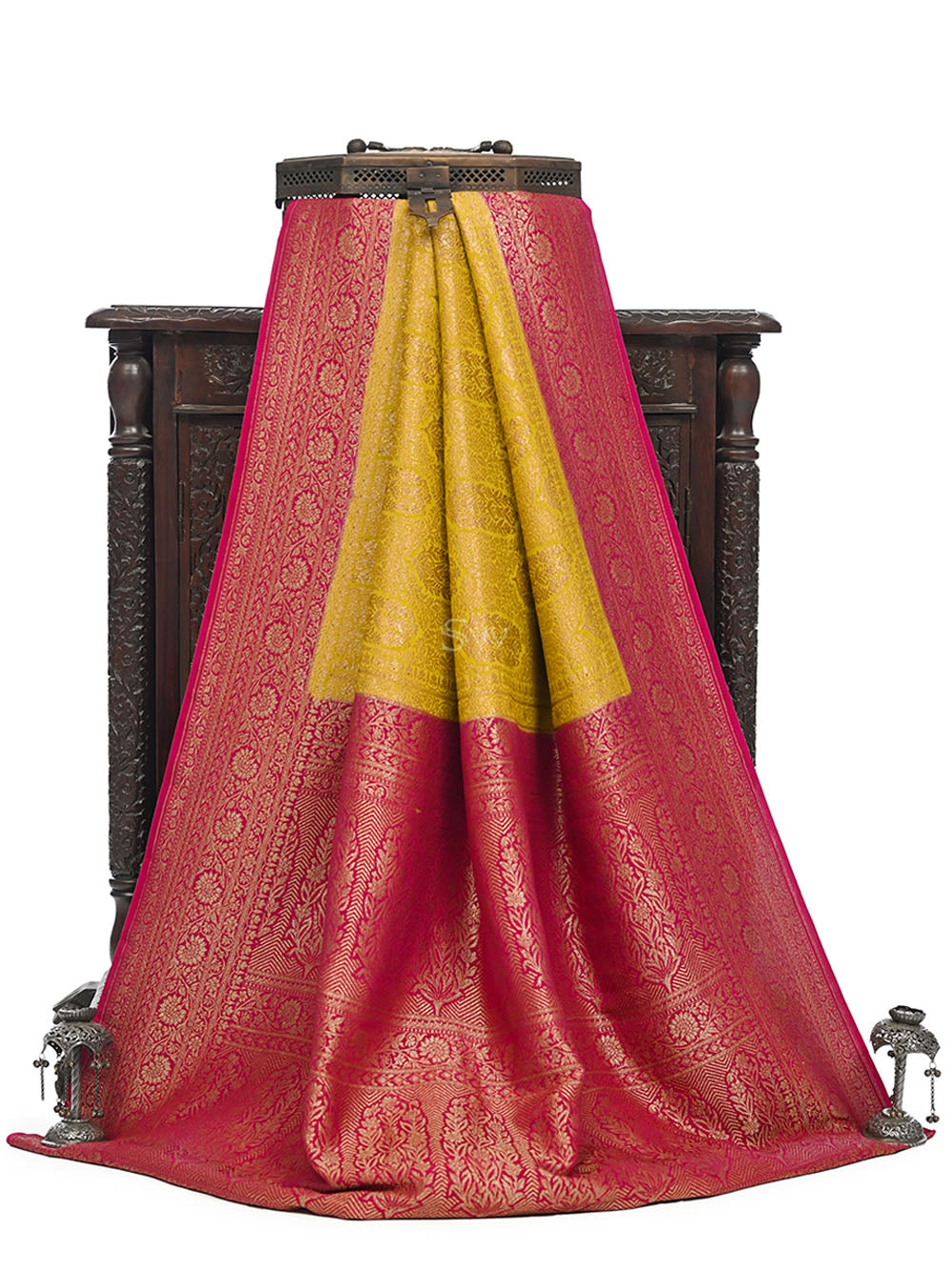 Lime Yellow Jaal Crepe Silk Handloom Banarasi Saree - Sacred Weaves