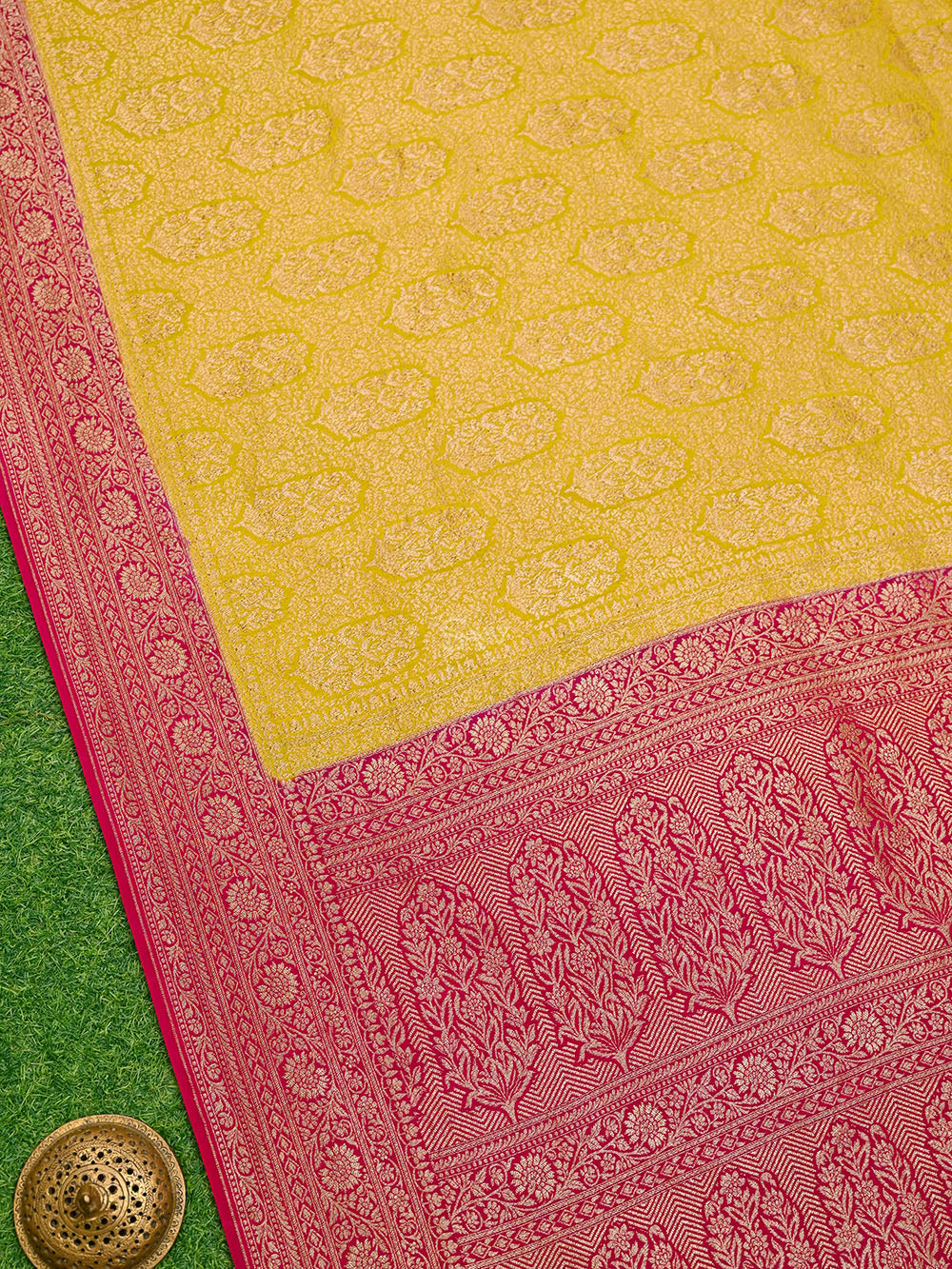 Lime Yellow Jaal Crepe Silk Handloom Banarasi Saree - Sacred Weaves