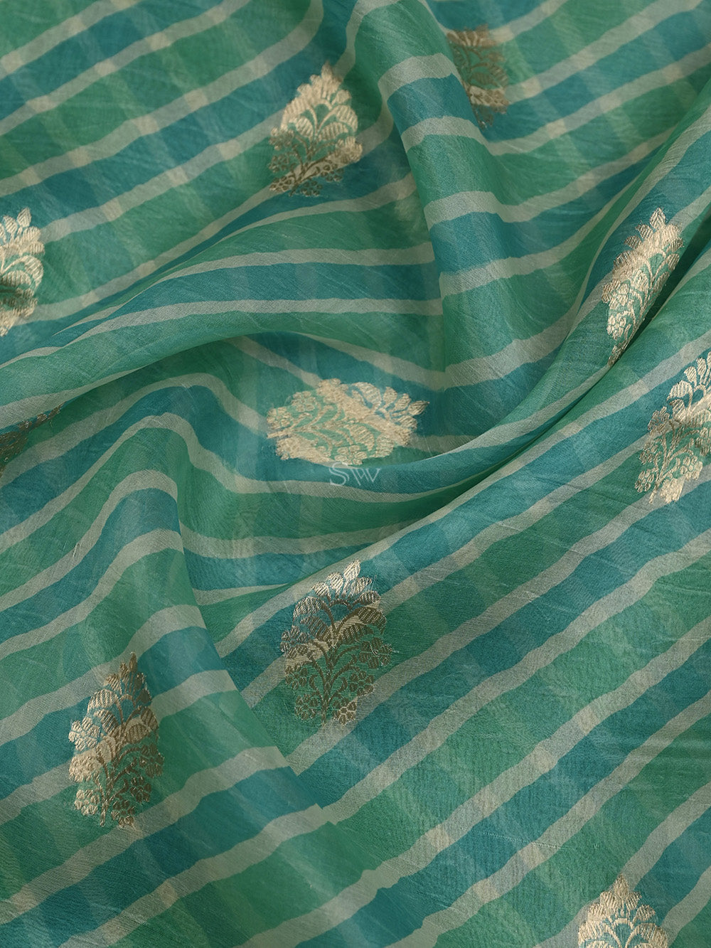 Green Blue Booti Organza Printed Banarasi Saree - Sacred Weaves