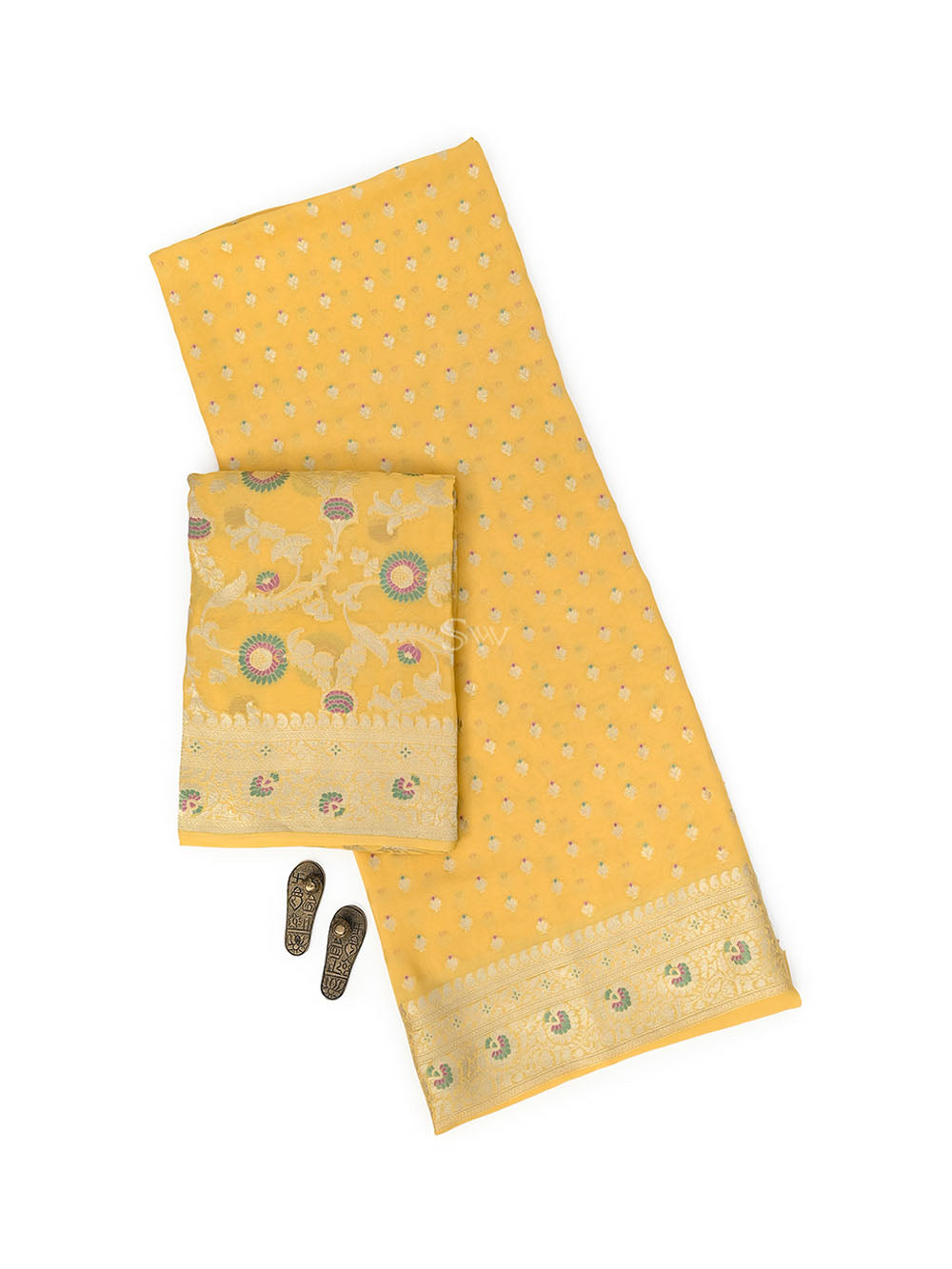 Mustard Meenakari Khaddi Georgette Handloom Banarasi Suit - Sacred Weaves