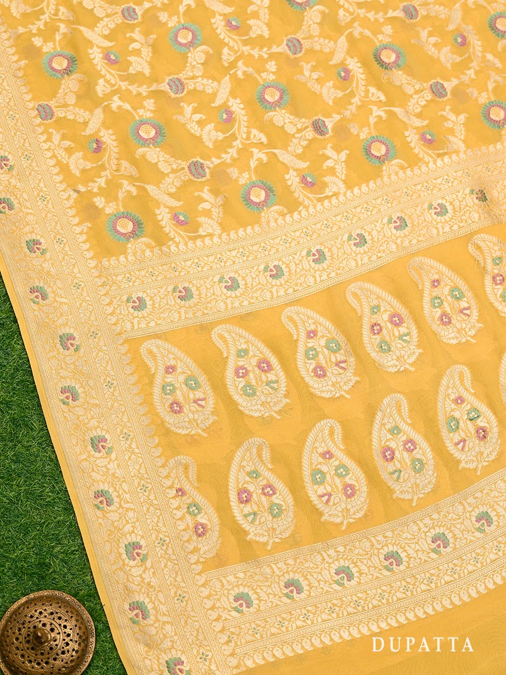 Mustard Meenakari Khaddi Georgette Handloom Banarasi Suit - Sacred Weaves