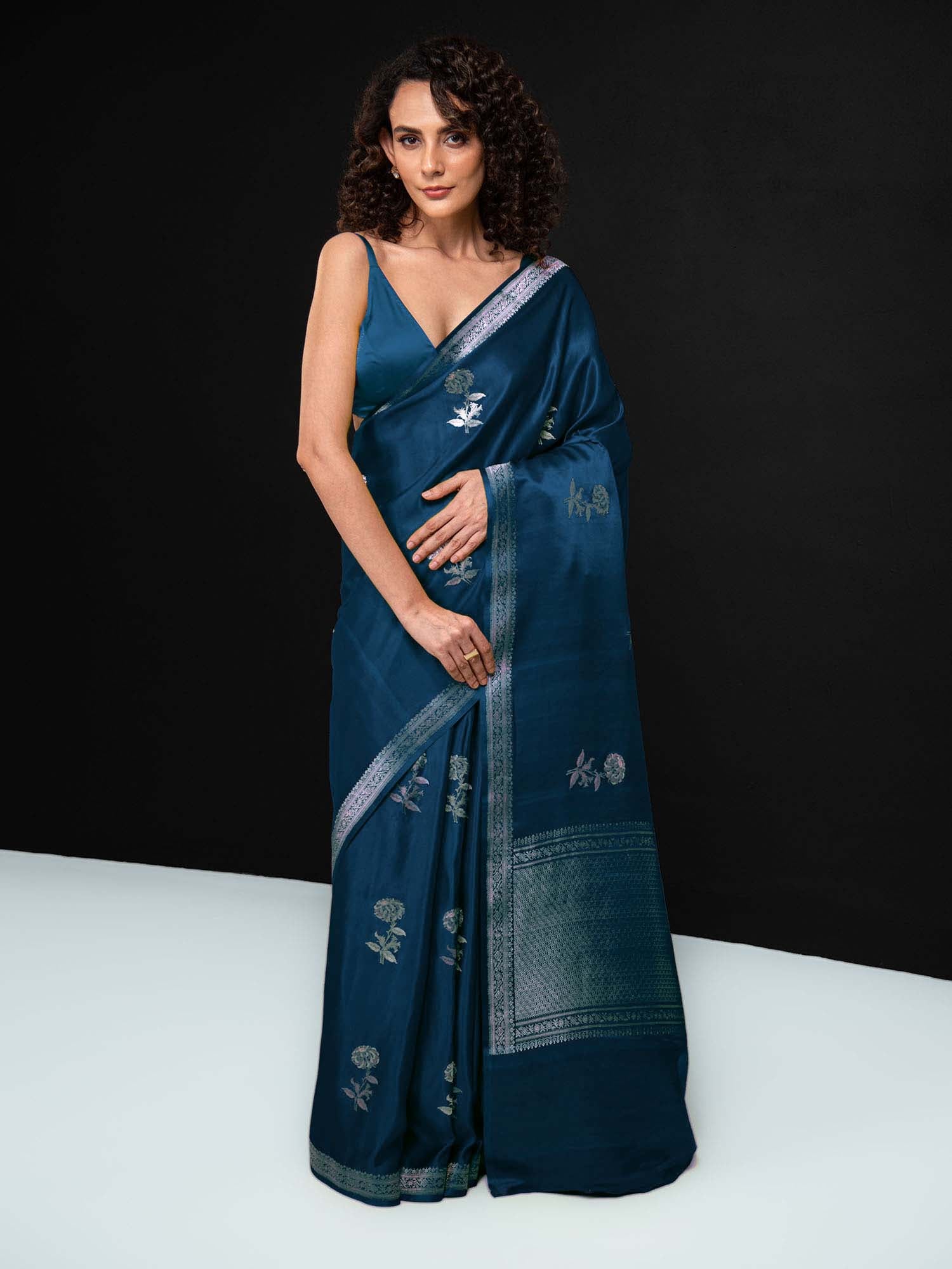 Midnight Blue Boota Satin Silk Handloom Banarasi Saree - Sacred Weaves