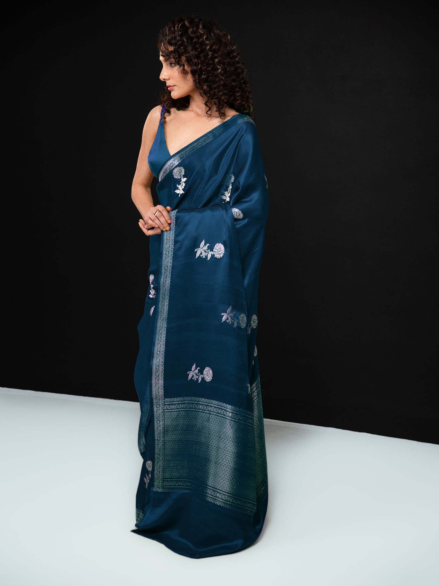 Midnight Blue Boota Satin Silk Handloom Banarasi Saree - Sacred Weaves