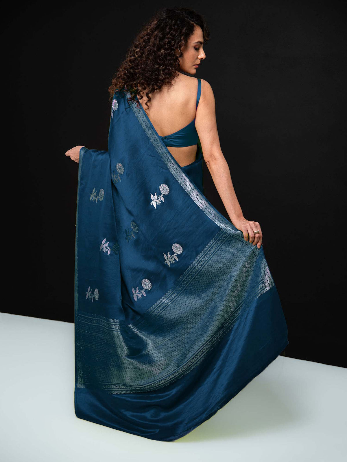 Midnight Blue Boota Satin Silk Handloom Banarasi Saree - Sacred Weaves