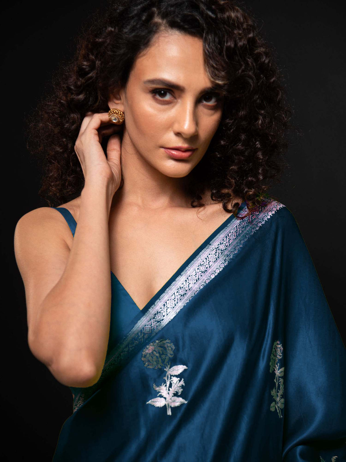 Midnight Blue Boota Satin Silk Handloom Banarasi Saree - Sacred Weaves