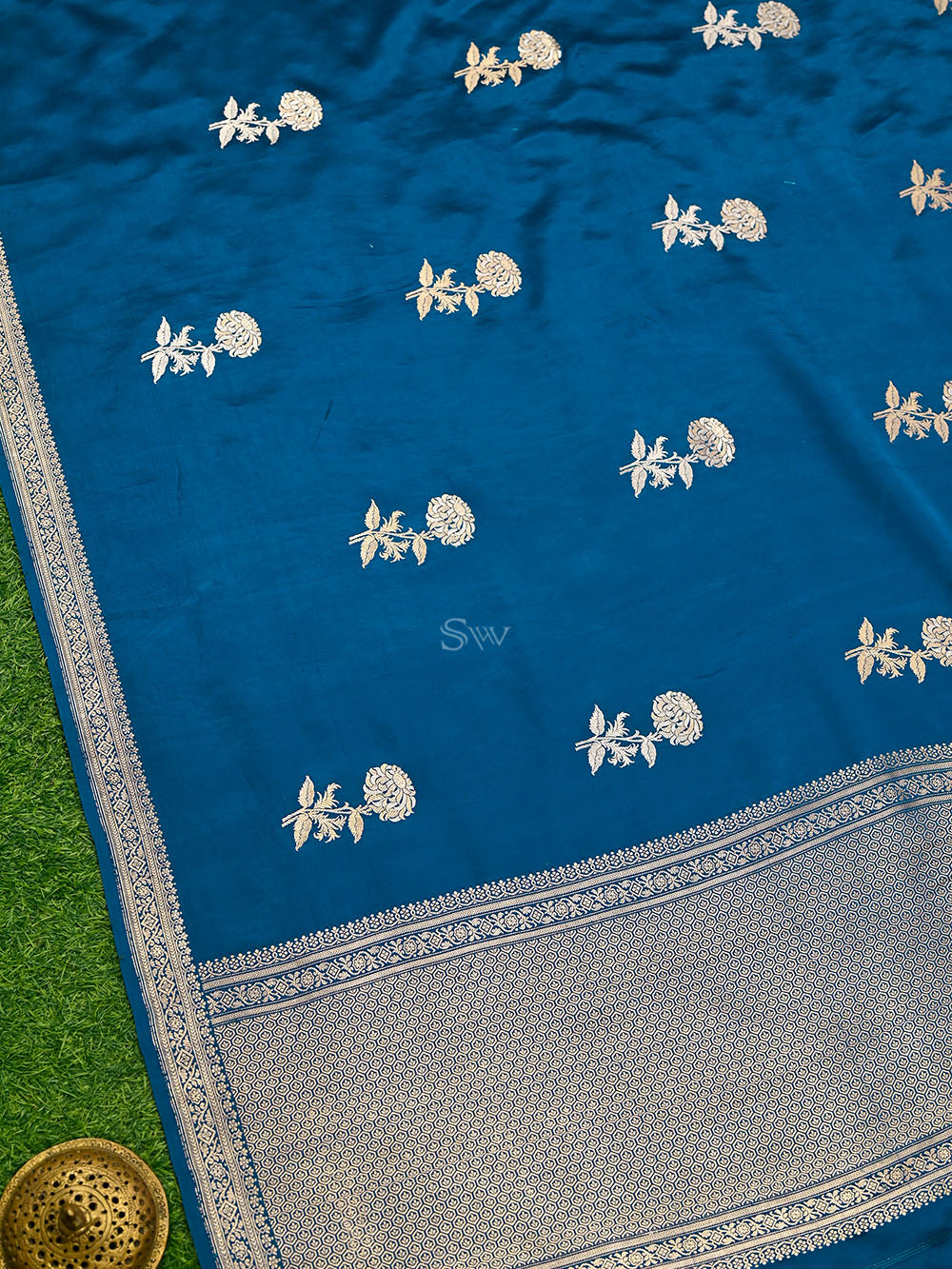 Midnight Blue Boota Satin Silk Handloom Banarasi Saree