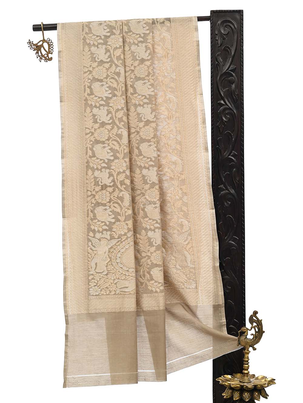 Dark Beige Jaal Cotton Silk Handloom Banarasi Dupatta - Sacred Waves