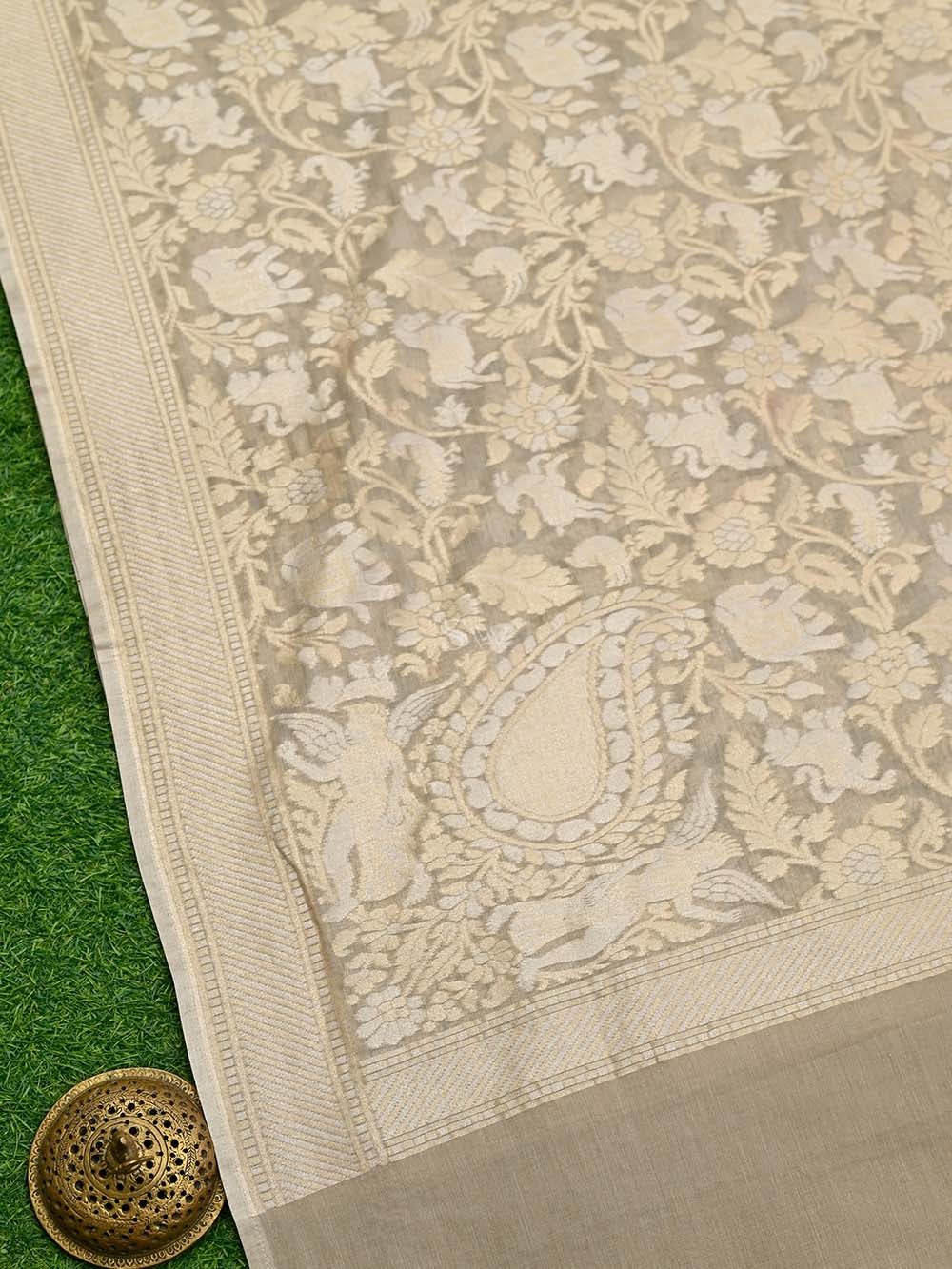 Dark Beige Jaal Cotton Silk Handloom Banarasi Dupatta - Sacred Waves