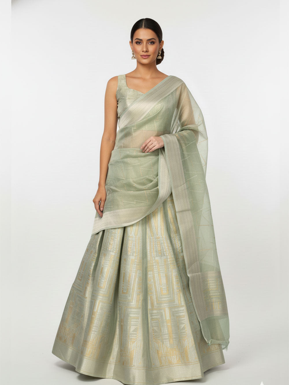 Pastel Green Tissue Silk Handloom Banarasi Lehenga