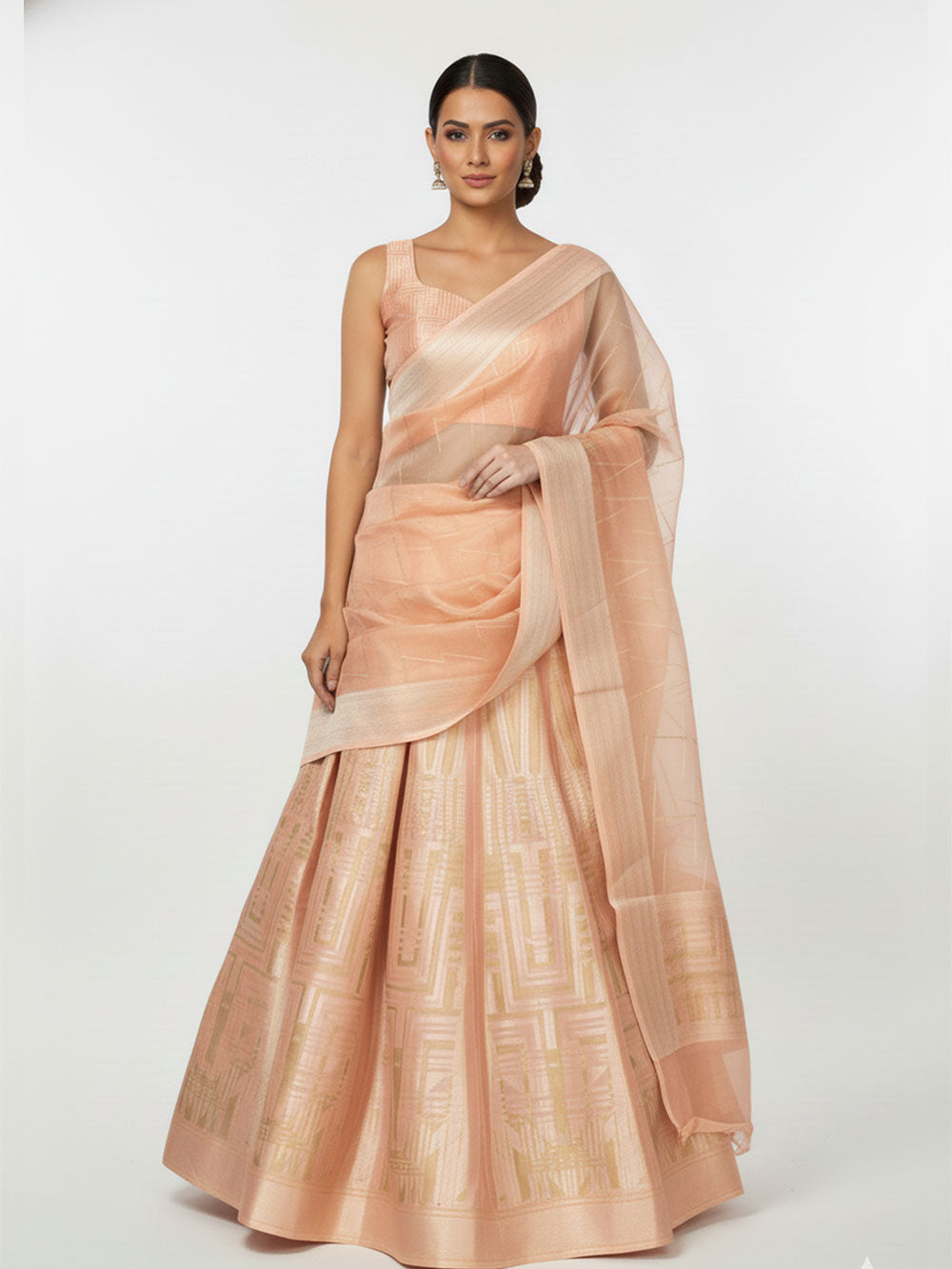 Peach Tissue Silk Handloom Banarasi Lehenga